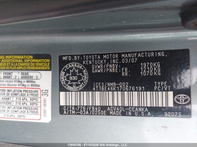 Продаж на аукціоні авто 2007 Toyota Camry Le/se, vin: 4T1BE46K17U676191, номер лоту: 12655356