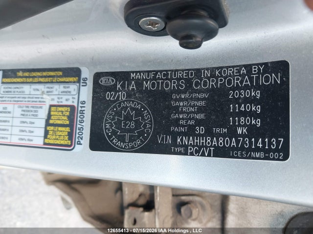 12655413 :رقم المزاد ، KNAHH8A80A7314137 vin ، 2010 Kia Rondo Ex/ex-premium مزاد بيع
