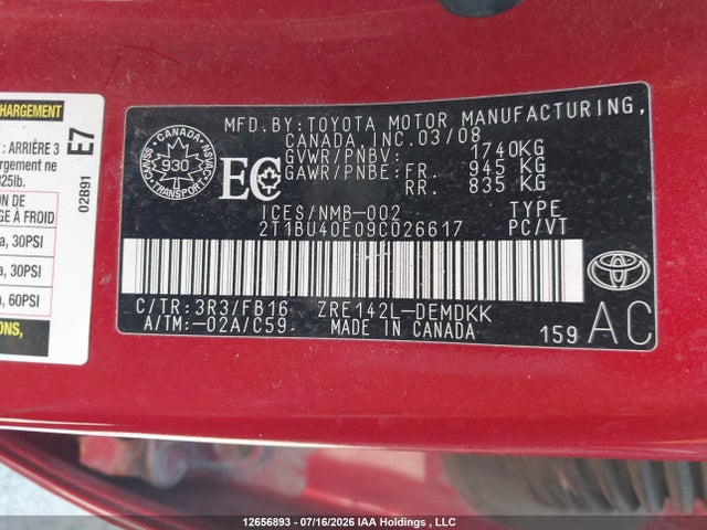 12656893 :رقم المزاد ، 2T1BU40E09C026617 vin ، 2009 Toyota Corolla Ce مزاد بيع