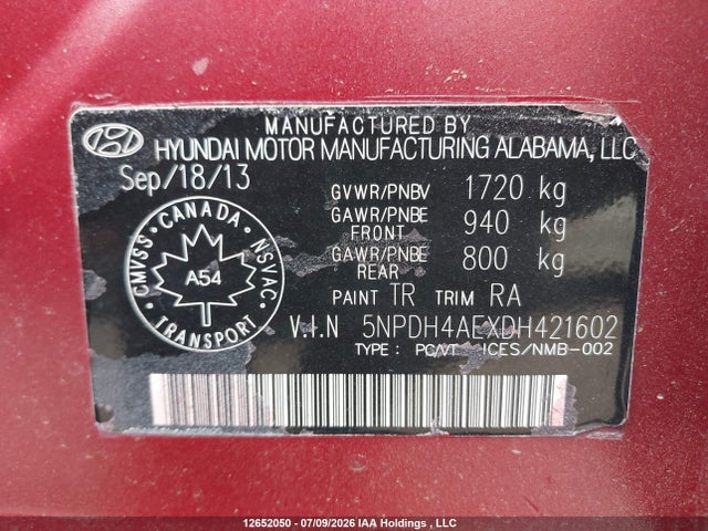 12652050 :رقم المزاد ، 5NPDH4AEXDH421602 vin ، 2013 Hyundai Elantra Gl مزاد بيع
