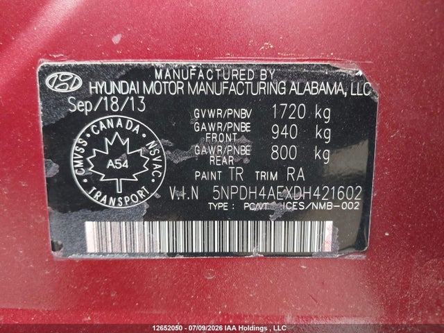 12652050 :رقم المزاد ، 5NPDH4AEXDH421602 vin ، 2013 Hyundai Elantra Gl مزاد بيع