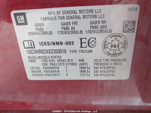 Aukcja sprzedaży 2014 Chevrolet Silverado 1500 1lt/2lt, vin: 1GCVKRECXEZ350519, numer aukcji: 12648807
