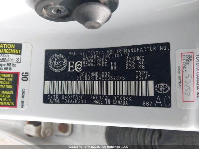 2014 Toyota Corolla Le მანქანა იყიდება აუქციონზე, vin: 2T1BURHE4EC052875, აუქციონის ნომერი: 12653574