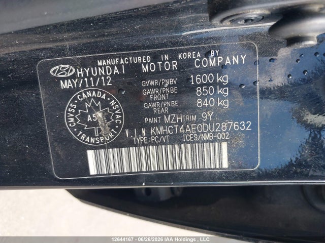 12644167 :رقم المزاد ، KMHCT4AE0DU287632 vin ، 2013 Hyundai Accent Gl مزاد بيع