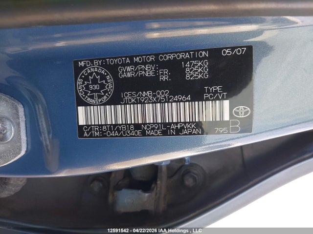 Продаж на аукціоні авто 2007 Toyota Yaris Le/rs, vin: JTDKT923X75124964, номер лоту: 12591542