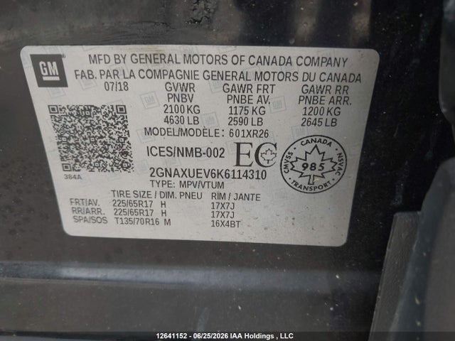 2GNAXUEV6K6114310 Chevrolet EQUINOX 1LT
