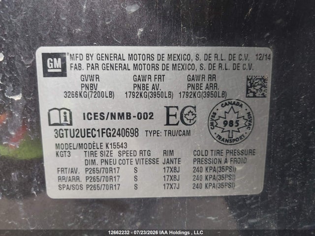 Продажа на аукционе авто 2015 Gmc Sierra 1500 Sle, vin: 3GTU2UEC1FG240698, номер лота: 12662232