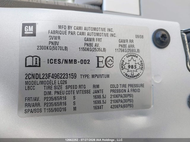 Aukcja sprzedaży 2009 Chevrolet Equinox Ls, vin: 2CNDL23F496223159, numer aukcji: 12662252