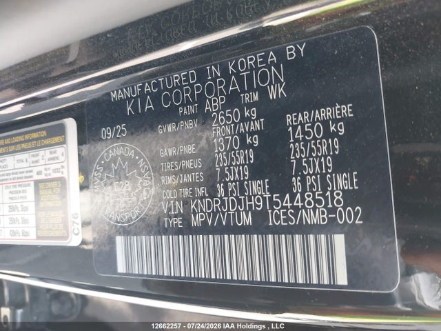 Aukcja sprzedaży 2026 Kia Sorento Plug-in Hybrid Ex, vin: KNDRJDJH9T5448518, numer aukcji: 12662257