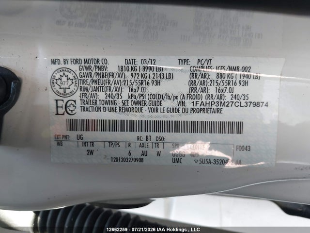 Aukcja sprzedaży 2012 Ford Focus Sel, vin: 1FAHP3M27CL379874, numer aukcji: 12662259