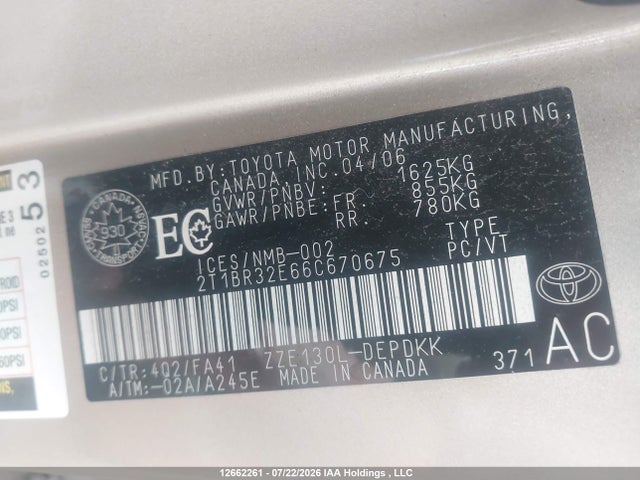 12662261 :رقم المزاد ، 2T1BR32E66C670675 vin ، 2006 Toyota Corolla Ce/le/s مزاد بيع