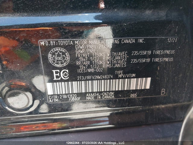 2T3J1RFV2NW248374 Toyota Rav4 Adventure/trd Off Road