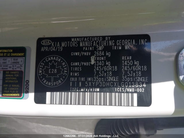 Продажа на аукционе авто 2020 Kia Telluride Ex, vin: 5XYP3DHCXLG013834, номер лота: 12662266