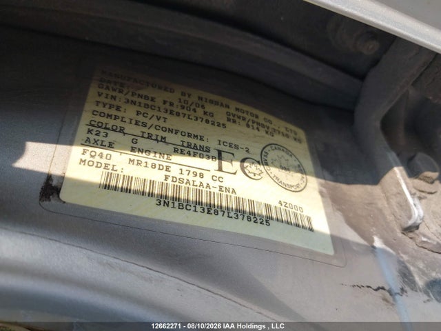 12662271 :رقم المزاد ، 3N1BC13E87L378225 vin ، 2007 Nissan Versa 1.8s مزاد بيع