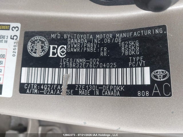 Продажа на аукционе авто 2006 Toyota Corolla Ce/le/sport, vin: 2T1BR32E76C704025, номер лота: 12662273