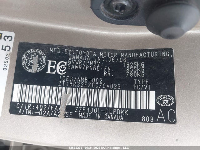 Продажа на аукционе авто 2006 Toyota Corolla Ce/le/sport, vin: 2T1BR32E76C704025, номер лота: 12662273