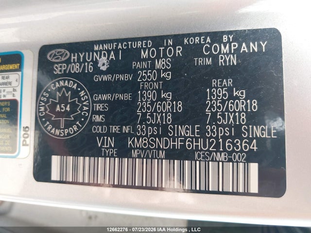 2017 Hyundai Santa Fe Xl Luxury მანქანა იყიდება აუქციონზე, vin: KM8SNDHF6HU216364, აუქციონის ნომერი: 12662276