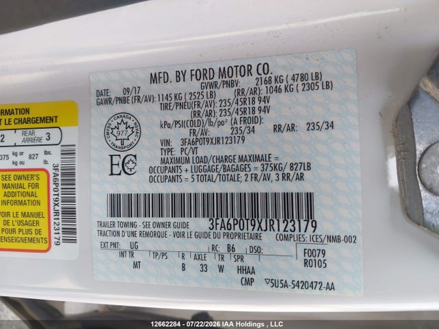 Ford FUSION SE 2018 3FA6P0T9XJR123179 Image 9