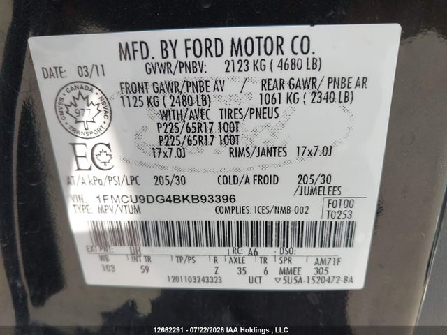 Aukcja sprzedaży 2011 Ford Escape Xlt, vin: 1FMCU9DG4BKB93396, numer aukcji: 12662291