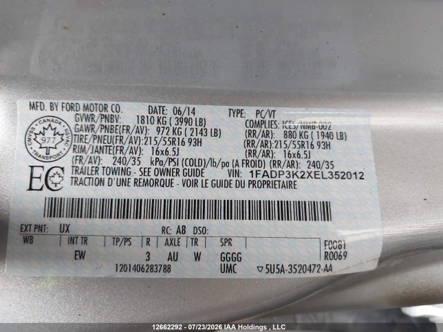 2014 Ford Focus Se მანქანა იყიდება აუქციონზე, vin: 1FADP3K2XEL352012, აუქციონის ნომერი: 12662292
