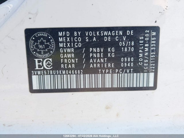 Продаж на аукціоні авто 2019 Volkswagen Jetta 1.4 Tsi Highline, vin: 3VWE57BU9KM046682, номер лоту: 12662294