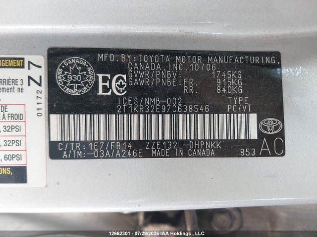 Продажа на аукционе авто 2007 Toyota Matrix, vin: 2T1KR32E97C638546, номер лота: 12662301
