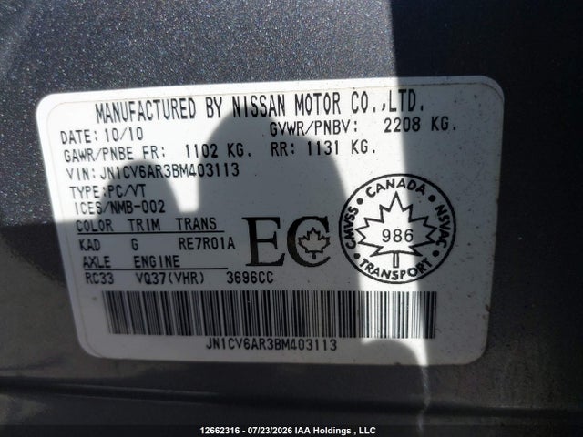 Aukcja sprzedaży 2011 Infiniti G37, vin: JN1CV6AR3BM403113, numer aukcji: 12662316