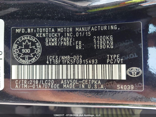 12662317 :رقم المزاد ، 4T1BF1FK5FU915493 vin ، 2015 Toyota Camry Xse مزاد بيع
