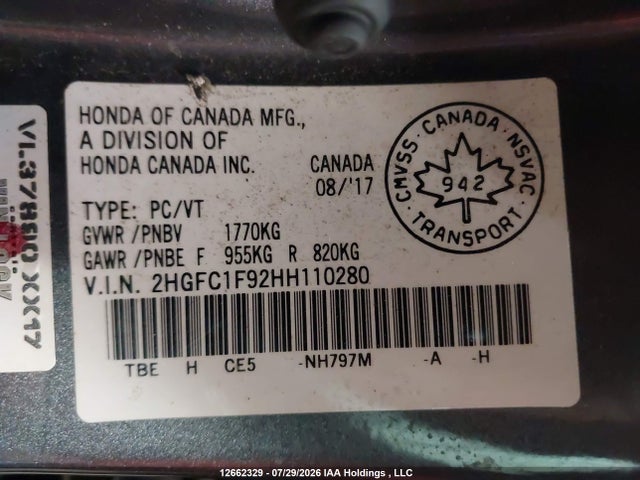 Auction sale of the 2017 Honda Civic Touring, vin: 2HGFC1F92HH110280, lot number: 12662329
