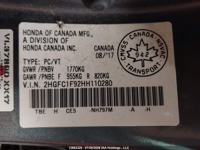Auction sale of the 2017 Honda Civic Touring, vin: 2HGFC1F92HH110280, lot number: 12662329