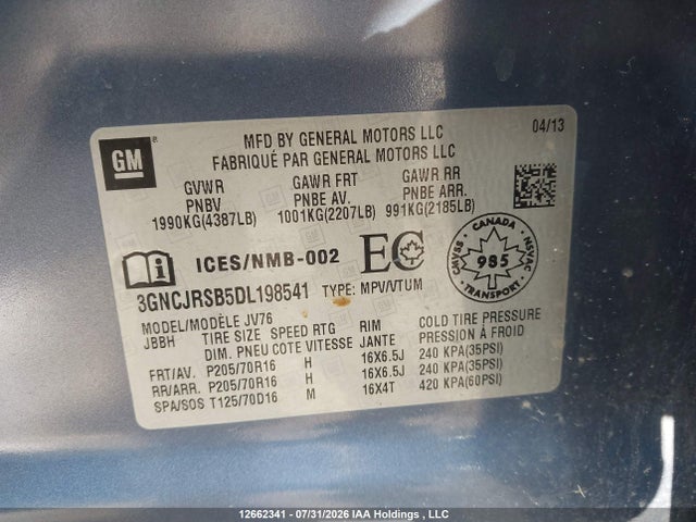 Продажа на аукционе авто 2013 Chevrolet Trax 2lt, vin: 3GNCJRSB5DL198541, номер лота: 12662341