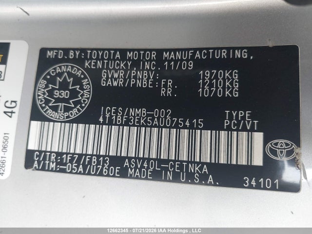 2010 Toyota Camry Le მანქანა იყიდება აუქციონზე, vin: 4T1BF3EK5AU075415, აუქციონის ნომერი: 12662345