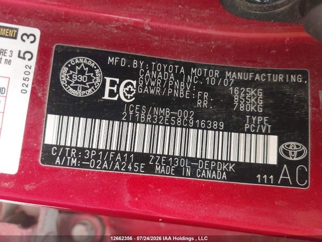 Продаж на аукціоні авто 2008 Toyota Corolla Ce, vin: 2T1BR32E58C916389, номер лоту: 12662356