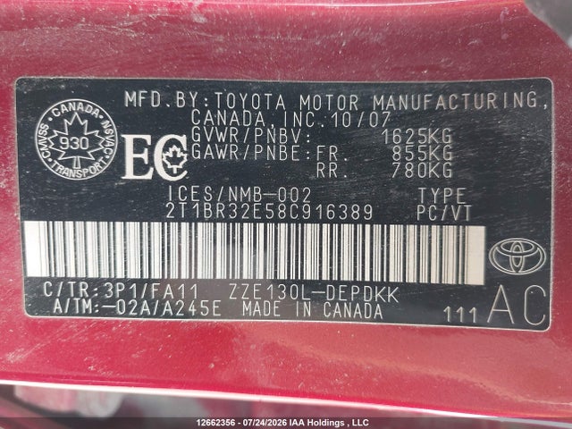 Продаж на аукціоні авто 2008 Toyota Corolla Ce, vin: 2T1BR32E58C916389, номер лоту: 12662356