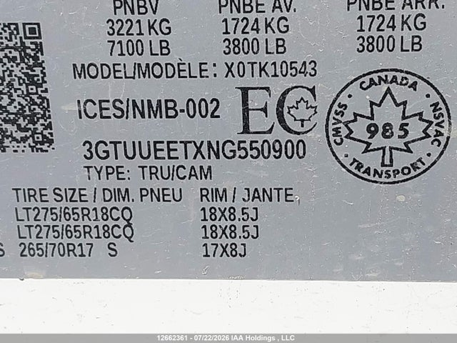 12662361 :رقم المزاد ، 3GTUUEETXNG550900 vin ، 2022 Gmc Sierra K1500 At4 مزاد بيع