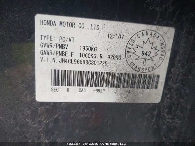 Aukcja sprzedaży 2008 Acura Tsx, vin: JH4CL96888C801225, numer aukcji: 12662367