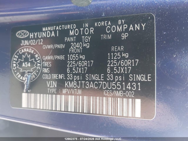 12662375 :رقم المزاد ، KM8JT3AC7DU551431 vin ، 2013 Hyundai Tucson Gl مزاد بيع