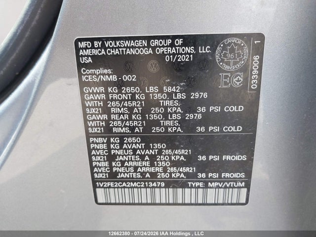 1V2FE2CA2MC213479 Volkswagen Atlas Cross Sport Sel Premium R-line