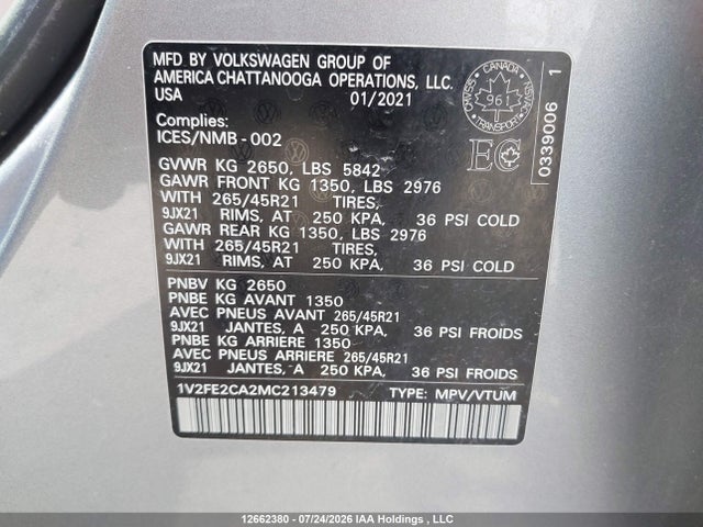 1V2FE2CA2MC213479 Volkswagen Atlas Cross Sport Sel Premium R-line