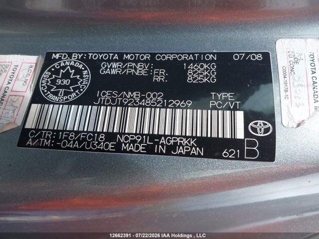 2008 Toyota Yaris მანქანა იყიდება აუქციონზე, vin: JTDJT923485212969, აუქციონის ნომერი: 12662391