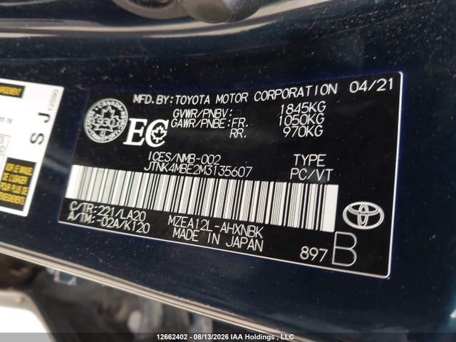 Продаж на аукціоні авто 2021 Toyota Corolla Se/xse, vin: JTNK4MBE2M3135607, номер лоту: 12662402