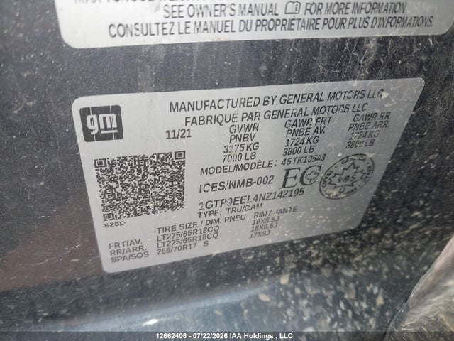Auction sale of the 2022 Gmc Sierra 1500 Limited At4, vin: 1GTP9EEL4NZ142195, lot number: 12662406