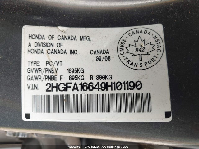 2009 Honda Civic Lx-s მანქანა იყიდება აუქციონზე, vin: 2HGFA16649H101190, აუქციონის ნომერი: 12662407