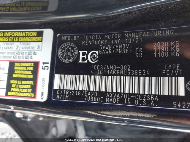 Toyota Camry 2022 4T1G11AK8NU638834 Image 9