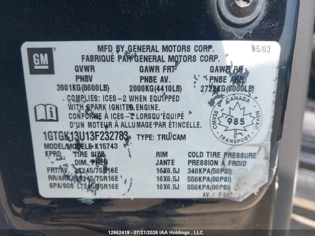12662419 :رقم المزاد ، 1GTGK13U13F232783 vin ، 2003 Gmc Sierra 1500hd Sle/slt مزاد بيع