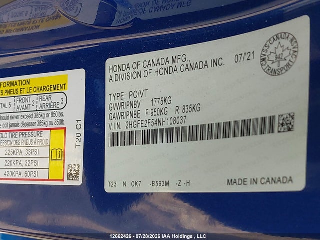 2022 Honda Civic Sport მანქანა იყიდება აუქციონზე, vin: 2HGFE2F54NH108037, აუქციონის ნომერი: 12662426