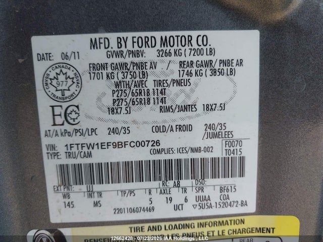 2011 Ford F-150 Xlt მანქანა იყიდება აუქციონზე, vin: 1FTFW1EF9BFC00726, აუქციონის ნომერი: 12662428