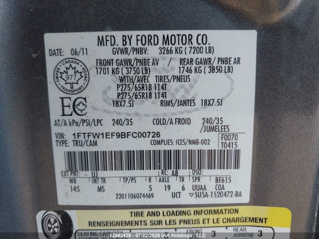 2011 Ford F-150 Xlt მანქანა იყიდება აუქციონზე, vin: 1FTFW1EF9BFC00726, აუქციონის ნომერი: 12662428