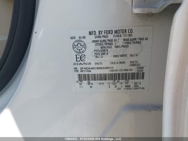 2009 Ford Edge Limited მანქანა იყიდება აუქციონზე, vin: 2FMDK49C99BA98033, აუქციონის ნომერი: 12662432