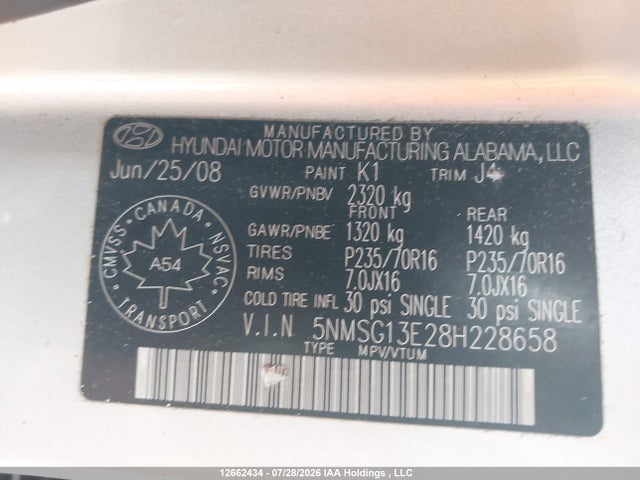 Продажа на аукционе авто 2008 Hyundai Santa Fe Gl/gls, vin: 5NMSG13E28H228658, номер лота: 12662434